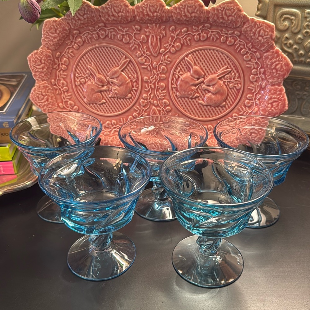 Set of 5 Fostoria Jamestown Blue Champagne/Sherbet Glasses
